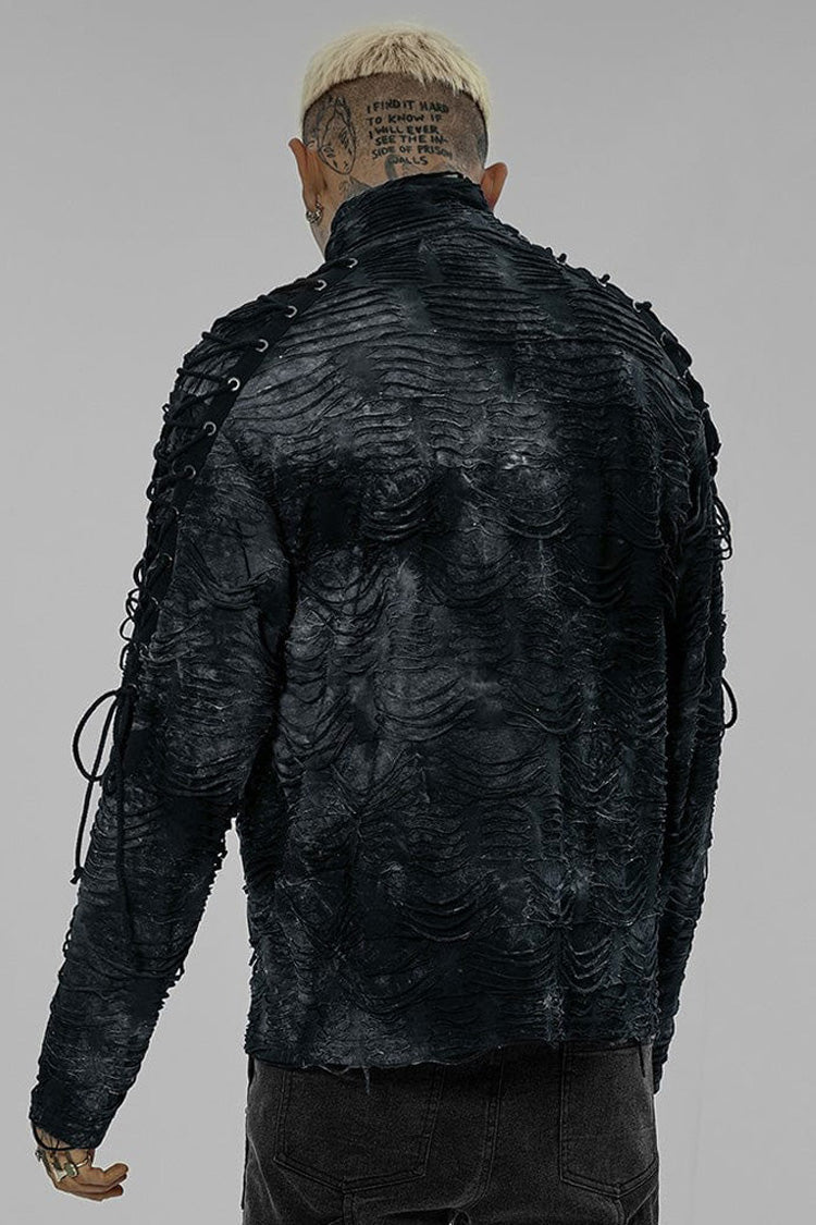 Black/Blue Punk Post Apocalyptic Turtleneck Tattered Tie Dye Print Lace Up Long Sleeve Men's T-Shirt