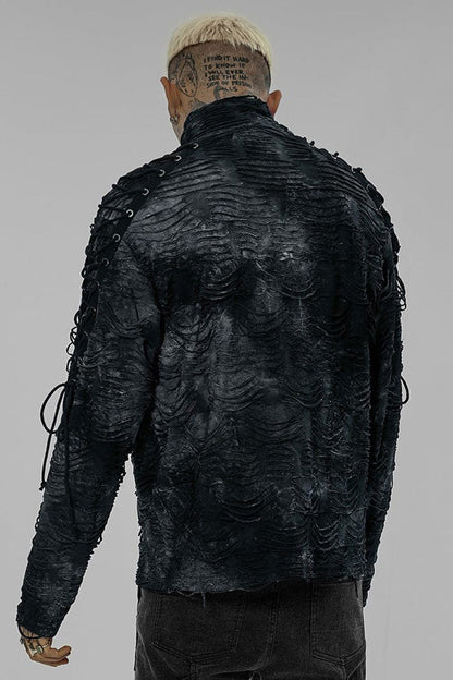 Black/Blue Punk Post Apocalyptic Turtleneck Tattered Tie Dye Print Lace Up Long Sleeve Men's T-Shirt