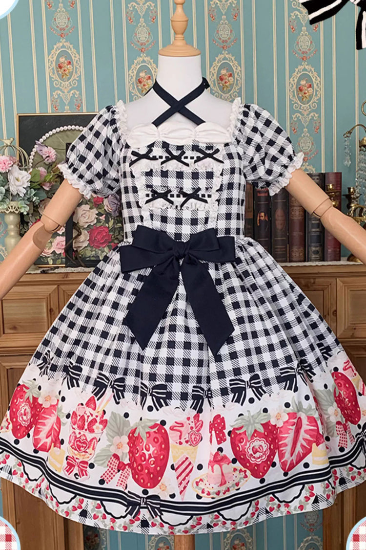 Black Short Sleeves Strawberry Plaid Print Bowknot Sweet Plus Size Princess Lolita Dress