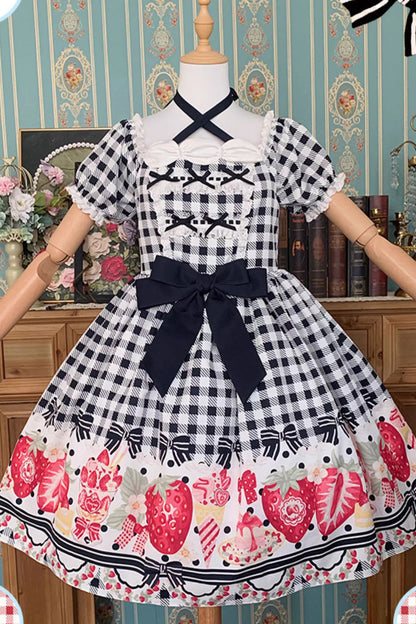 Black Short Sleeves Strawberry Plaid Print Bowknot Sweet Plus Size Princess Lolita Dress