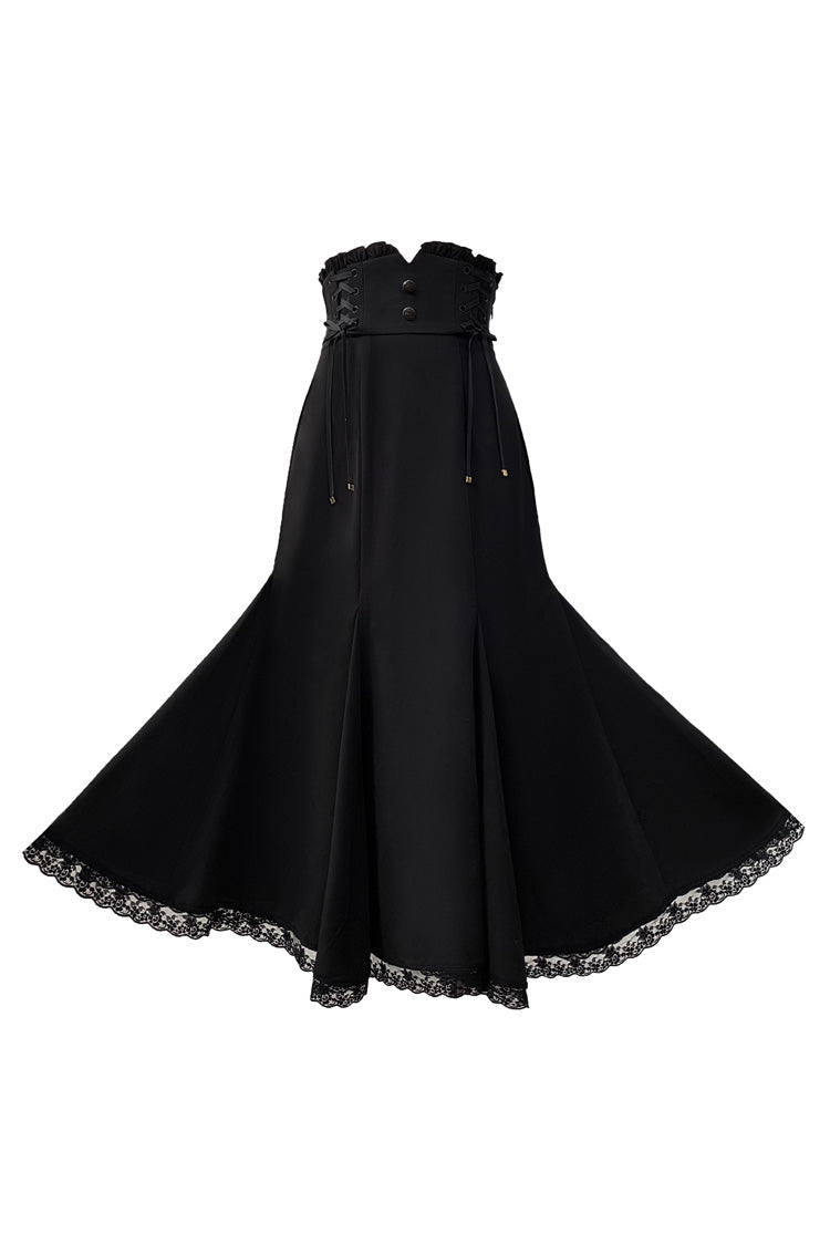 Black Ruffle Bowknot Slim Sweet Elegant Lolita Fishtail Skirt Dress