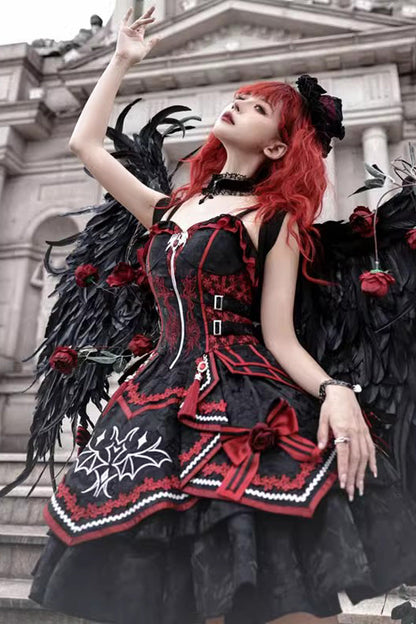 Black/Red Bat Print Ruffle Cardigan Gothic Lolita Jsk Dress