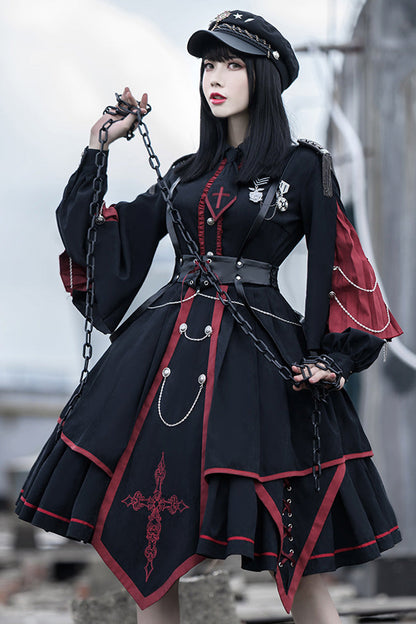 Black/Red Long Sleeves Punisher Military Irregular Gothic Lolita Dress Full Set
