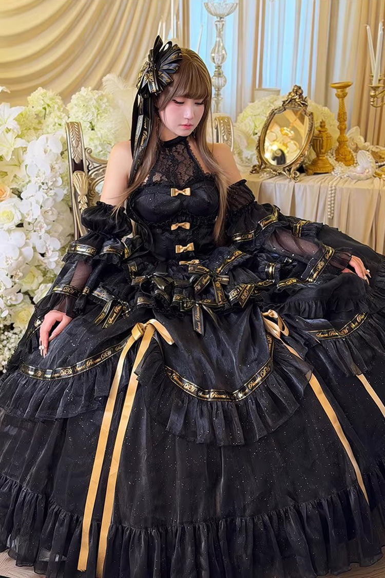 Black [Obsidian Banquet] Double-Layered Ruffled Hanayome Bow Lace Sweet Gothic Princess Lolita Jsk Dress
