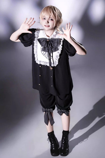 Black/White [Rabbit Hole] Long Sleeves Bow Gothic Prince Ouji Lolita Set