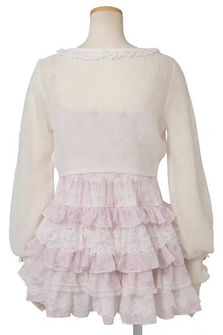 Jirai Kei Long Sleeves Multi-Layered Printed Ruffled Bow Sweet Dress 3 Colors