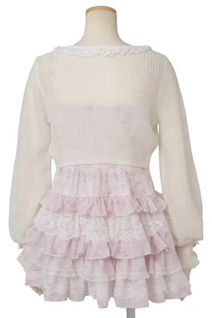 Jirai Kei Long Sleeves Multi-Layered Printed Ruffled Bow Sweet Dress 3 Colors