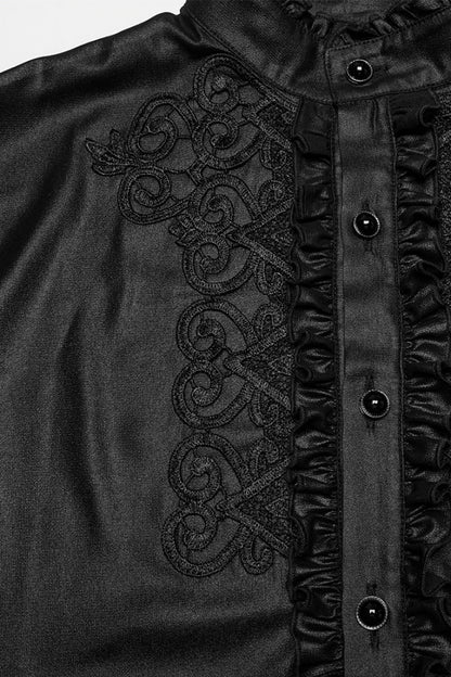 Black Stand Collar Long Sleeves Ruffle Embroidery Men's Gothic Blouse