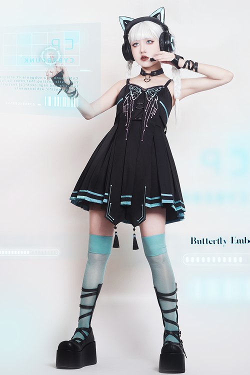 Black Sense Of Technology Butterfly Ember High Waisted Gothic Lolita JSK Dress Full Set