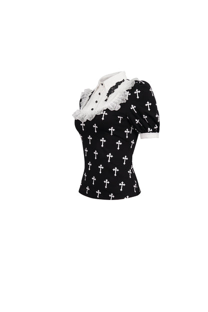 Black/White Cross Printed Chest Paneled Chiffon With Lace Collar Applique? Lace Strap Pendant Women's Punk Shirt