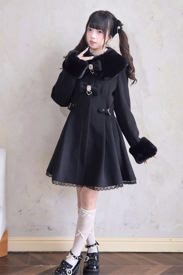 Sweet Plush Collar Waist-cinched Long Sleeves Bowknot Lace Japanese Lolita Coat 4 Colors
