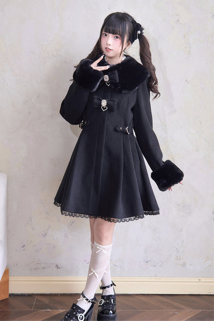 Sweet Plush Collar Waist-cinched Long Sleeves Bowknot Lace Japanese Lolita Coat 4 Colors