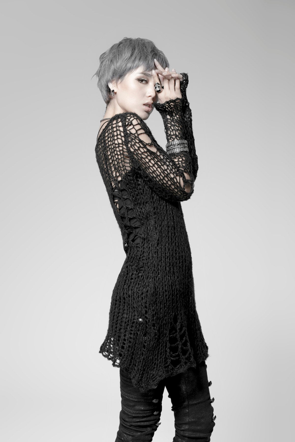 Round Collar Long Sleeves Print Ripped Women's Steampunk Sweater 3 Colors