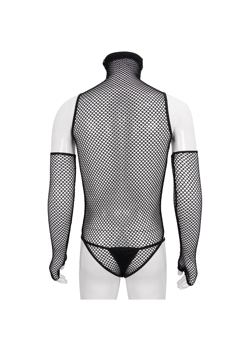 Black Transparent Mesh Sexy Super High Collar Masked Glove Thong Men's Punk Onesie