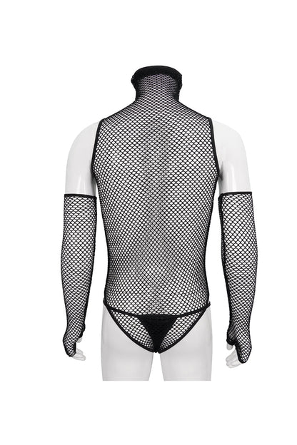 Black Transparent Mesh Sexy Super High Collar Masked Glove Thong Men's Punk Onesie