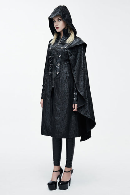 Black Punk Hooded One Side Shawl Gothic Pattern Womens Leather Long Coat