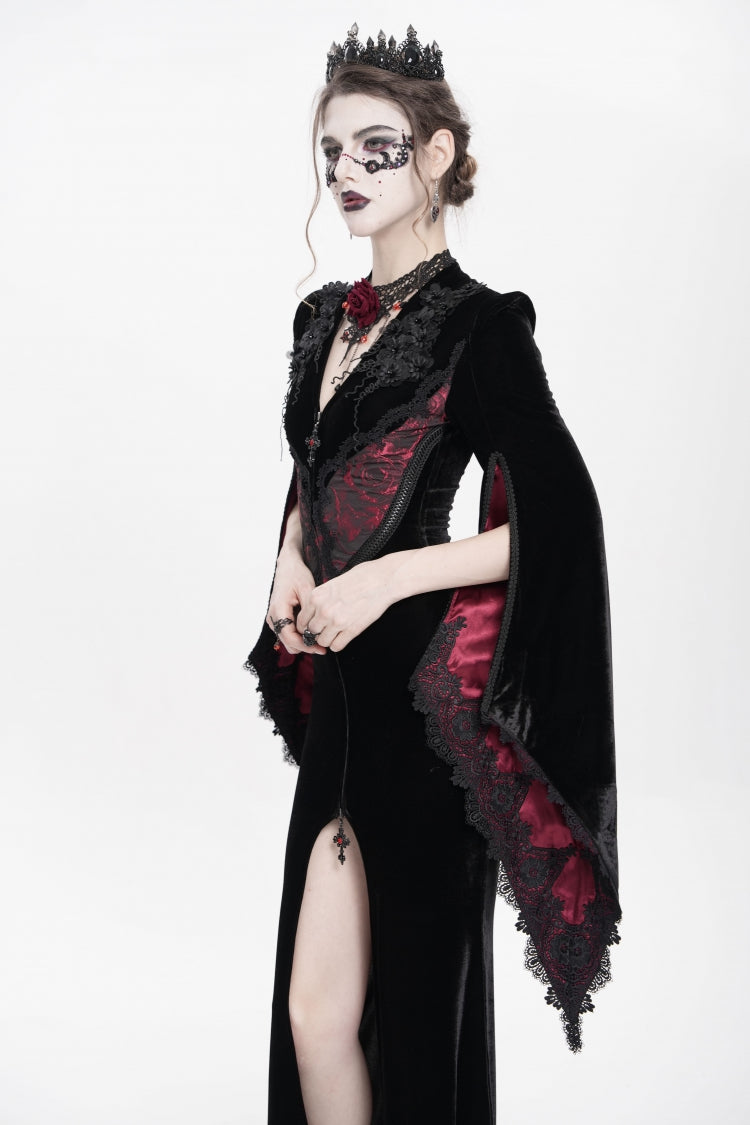 Black/Red V Collar Long Trumpet Sleeves Floral Embroidered Velvet Women's Gothic Dress