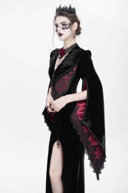 Black/Red V Collar Long Trumpet Sleeves Floral Embroidered Velvet Women's Gothic Dress