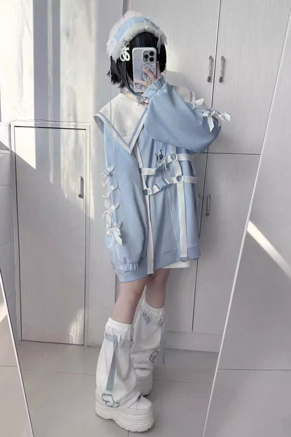 Sailor Collar Long Sleeves Cross Print Bowknot Sweet Jirai Kei Coat 3 Colors