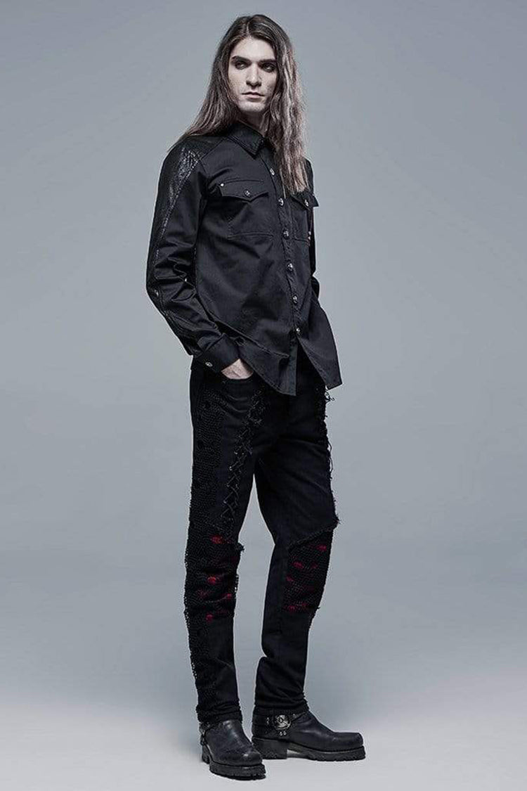 Black Punk Ribbon Decoration Front Metal Skull Button Spliced Men's Shirt