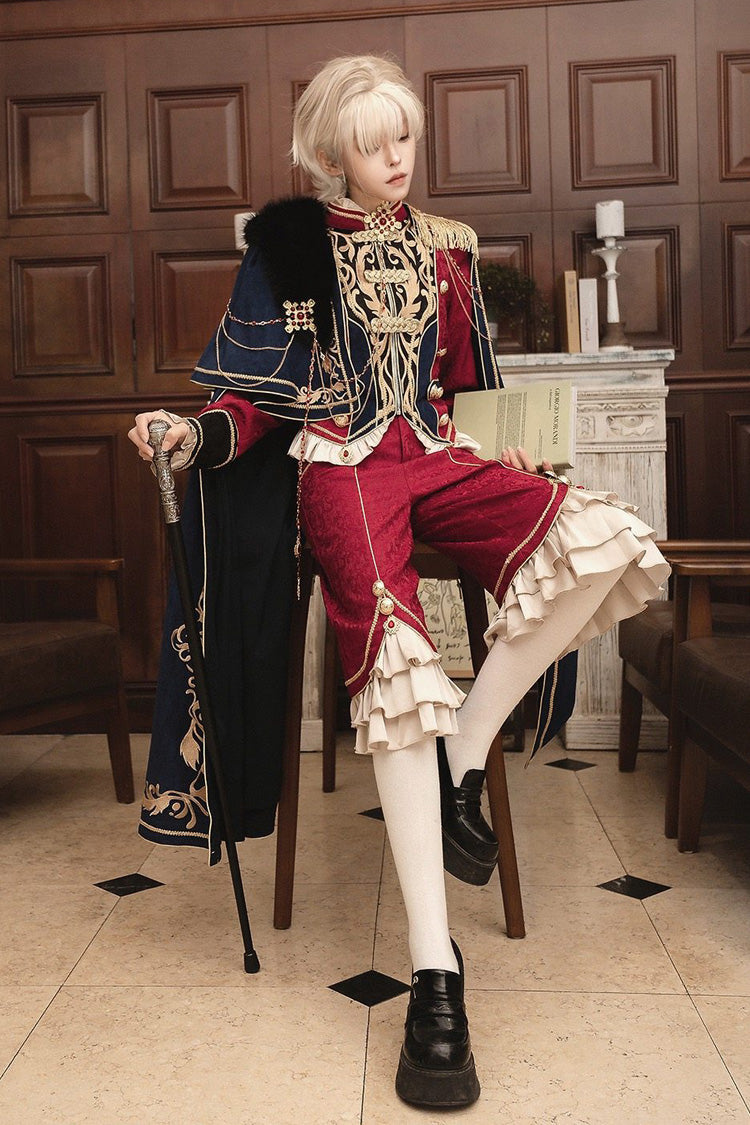 Red/Blue [Royal Glory] Stand Collar Long Sleeves Ruffled Embroidered Gothic Vintage Prince Palace Ouji Lolita Set