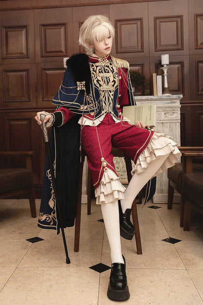 Red/Blue [Royal Glory] Stand Collar Long Sleeves Ruffled Embroidered Gothic Vintage Prince Palace Ouji Lolita Set