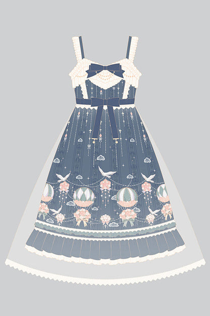 Blue Chiffon Flower Wedding Wearing Veil Princess Sweet Lolita JSK Dress