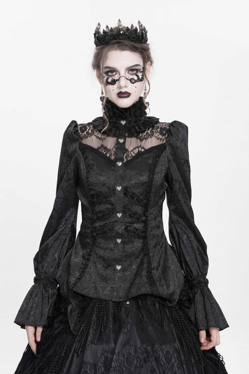 Black Stand Collar Long Sleeves Jacquard Hollow Lace Women's Gothic Blouse