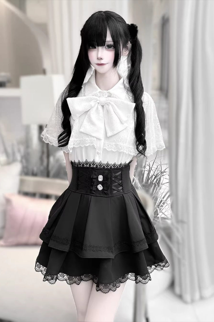 [Dark Moon Shadow] Short Sleeves Double-Layered Ruffled Embroidered Bow Lace-Up Gothic Jirai Kei Lolita Top + Skirt Set