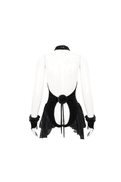 Black Sexy Crotchless Stretch Velvet Paneled Lace Pompoms Women's Punk Bodysuit