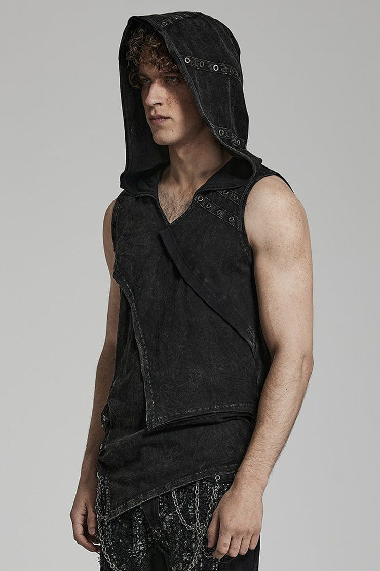 Black Sleeveless Irregular Hooded Men's Punk Tank Top