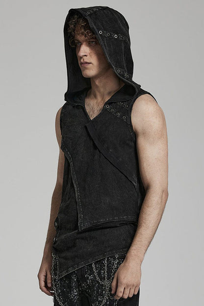 Black Sleeveless Irregular Hooded Men's Punk Tank Top