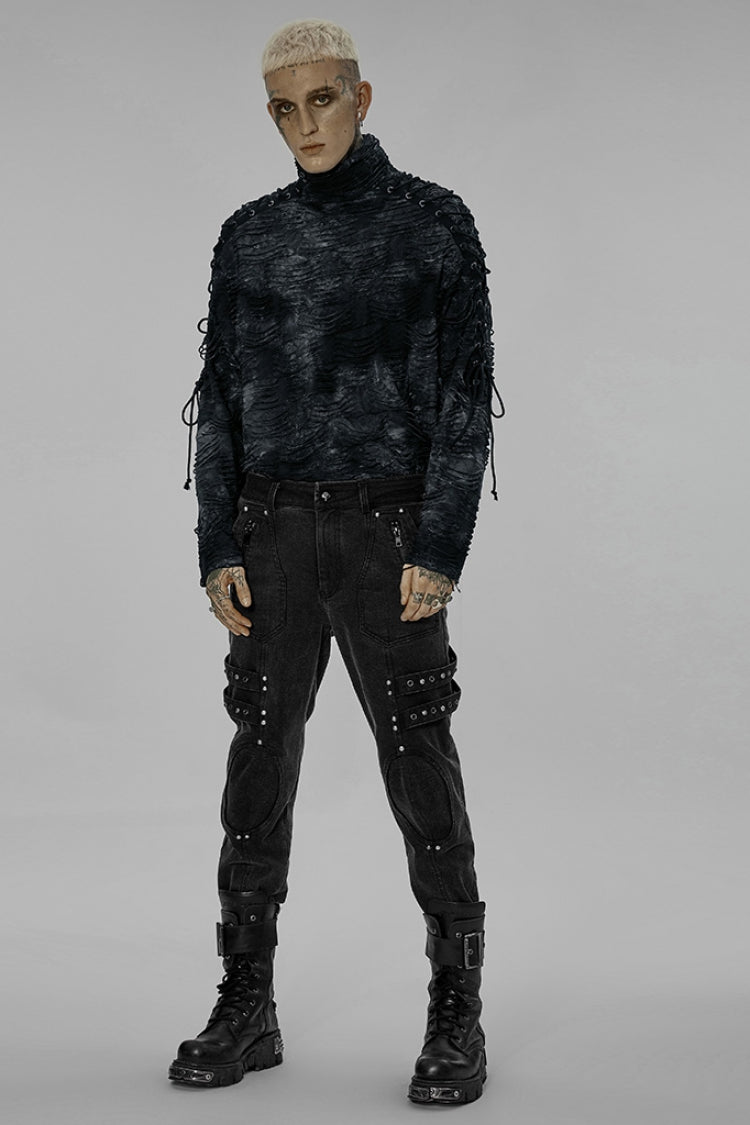 Black Skull Buckles Stitching Metal Nails Men's Steampunk Pants