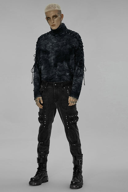 Black Skull Buckles Stitching Metal Nails Men's Steampunk Pants