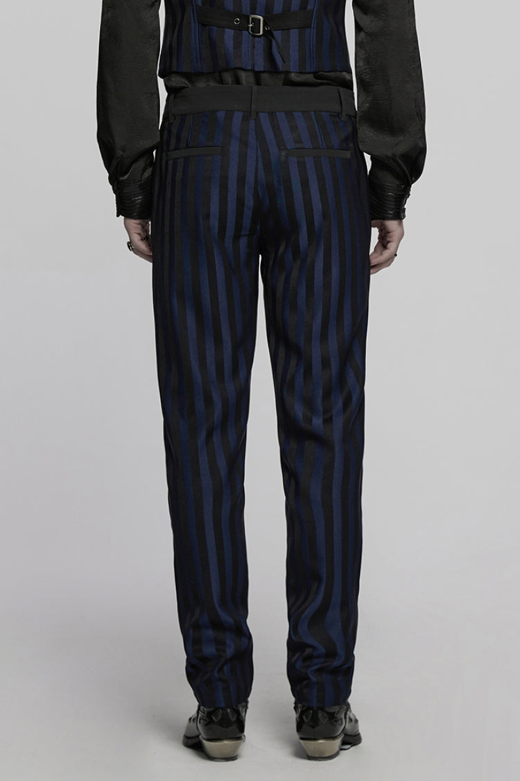 Black/Blue High Waisted Striped Print Men's Gothic Suit Pants