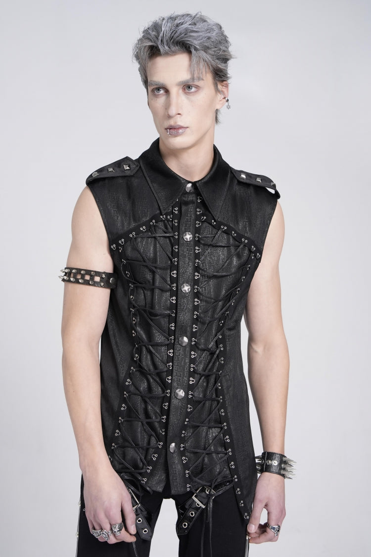 Black Sleeveless Studded Lace-Up Men's Gothic Blouse