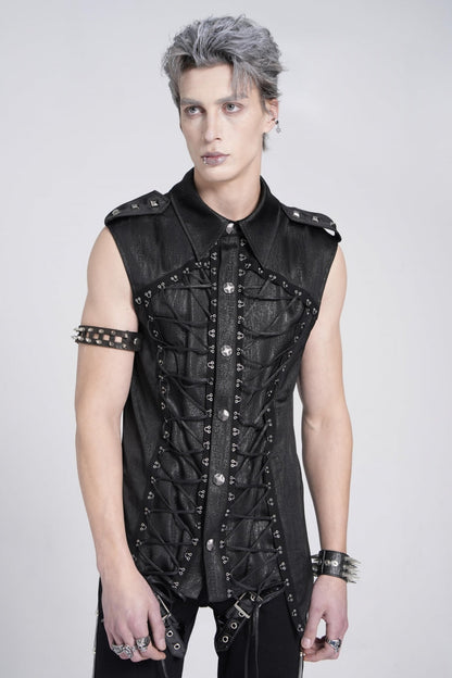 Black Sleeveless Studded Lace-Up Men's Gothic Blouse