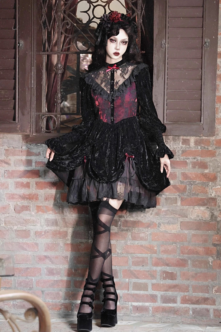 Black/Red [Rose Cemetery] Long Puff Sleeves Hollow Lace Gothic Lolita Dress