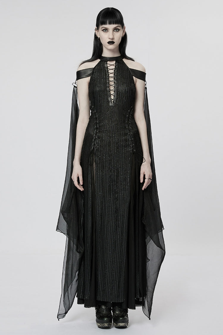 Black Side Slit Hollow Lace-Up Slim Mesh Women's Gothic Dress with Detachable Cape