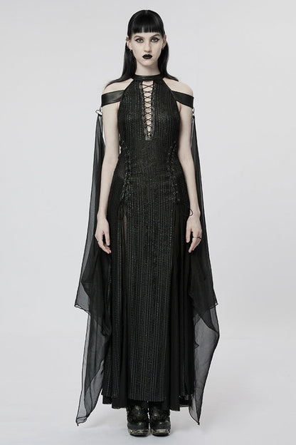 Black Side Slit Hollow Lace-Up Slim Mesh Women's Gothic Dress with Detachable Cape