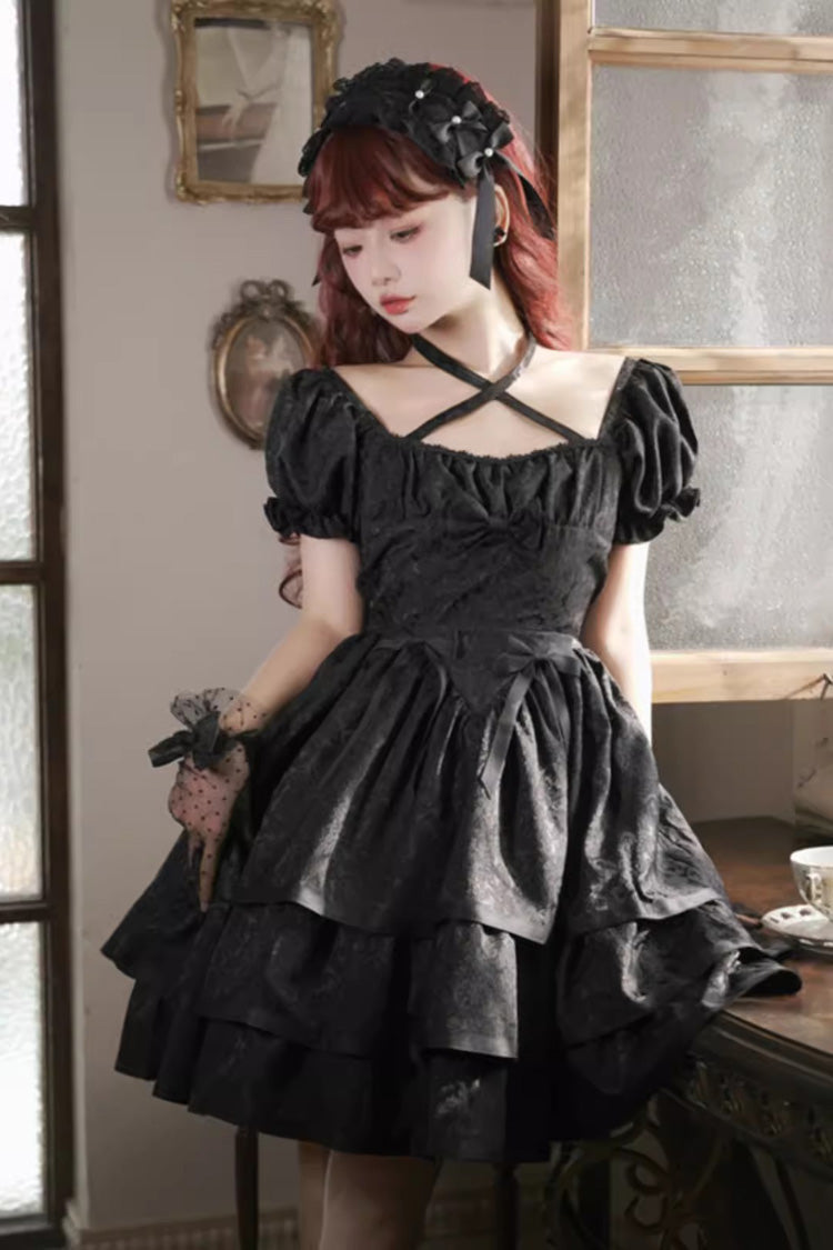 Black Thorn Rose Short Sleeves Multi-layer Ruffle Bowknot Gothic Princess Lolita Dress