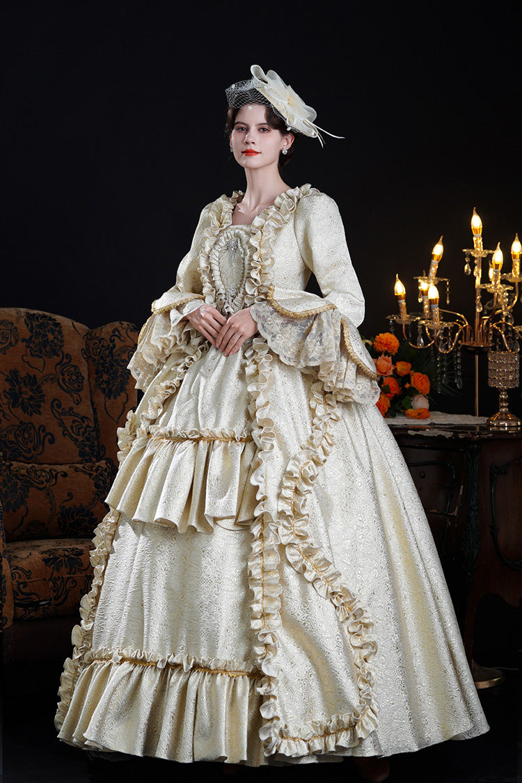 Champagne Square Collar Long Trumpet Sleeves Double-Layered Ruffled Open-Front Classic Vintage Palace Lolita Victorian Dress
