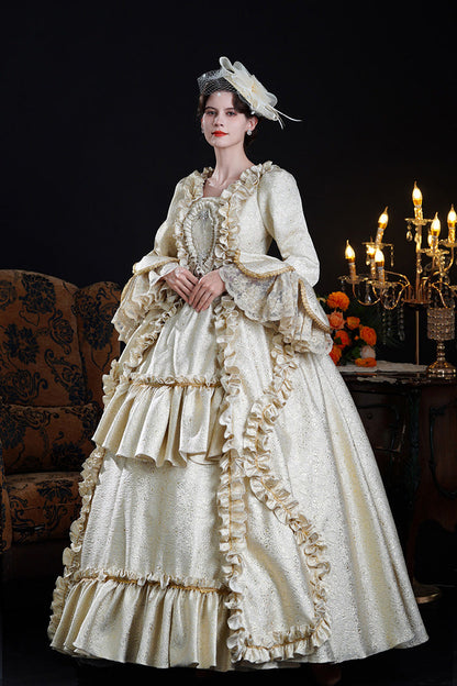 Champagne Square Collar Long Trumpet Sleeves Double-Layered Ruffled Open-Front Classic Vintage Palace Lolita Victorian Dress