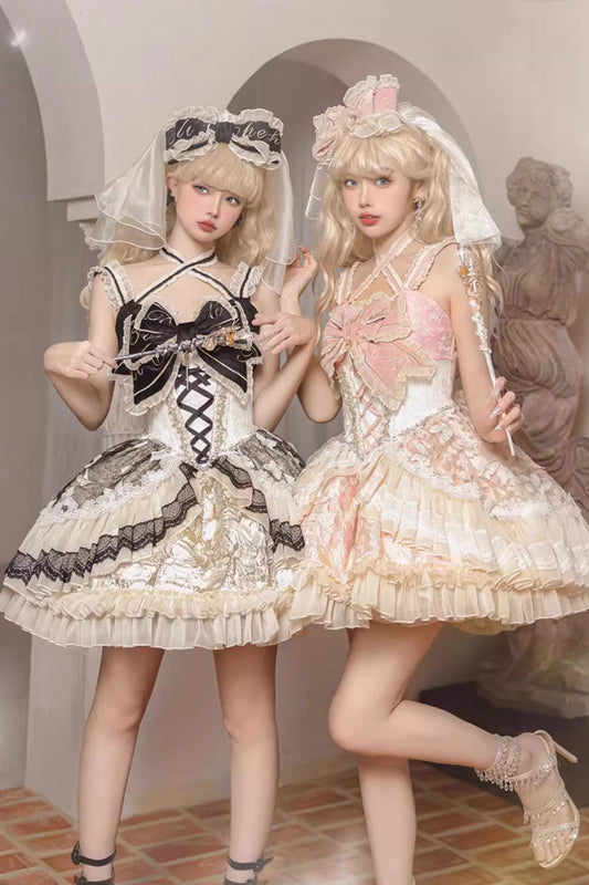 Black/Gold [Lilibet] Print Ruffle Cardigan Bowknot Lace Fishbone Sweet Lolita Dress