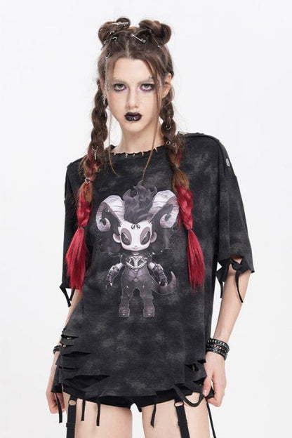 Black Short Sleeves Lilimar Print Ripped Women's Punk T-Shirt