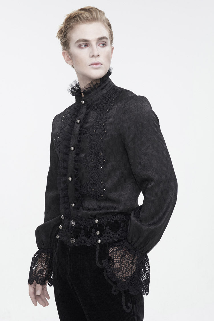 Black Stand Collar Puff Sleeved Lace Splice Men's Gothic Shirt