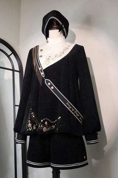 Black [Song Of Tomorrow] Long Sleeves Embroidery Asymmetric Gothic College Style Ouji Lolita Full Set