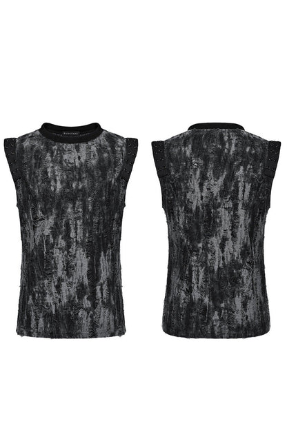 Black/Grey Round Collar Sleeveless Print Ripped Distressed Eyelet Men's Gothic Tank Top