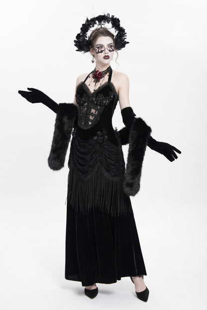 Black Sleeveless Hollow Floral Embroidery Lace-Up Pleated Women's Gothic Maxi Dress