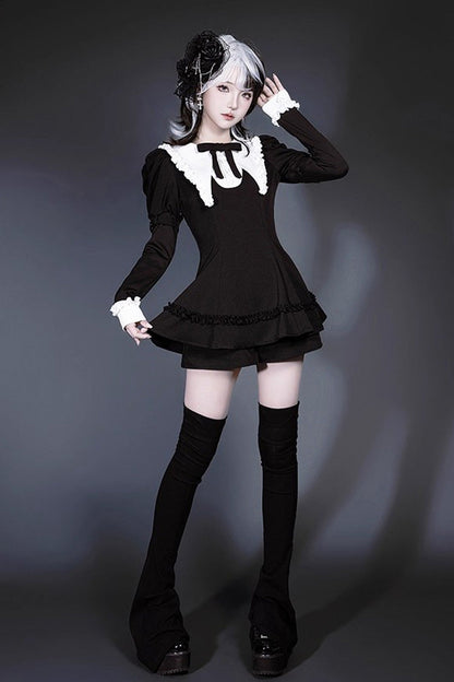 Black/White Long Sleeves Ruffle Bowknot Jirai Kei Japanese Witch Set
